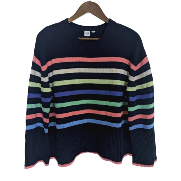 GAP Sweaters - Gap Navy Blue & Stripe Cotton 24/7 Split Hem Oversized Pullover Sweater NEW!
